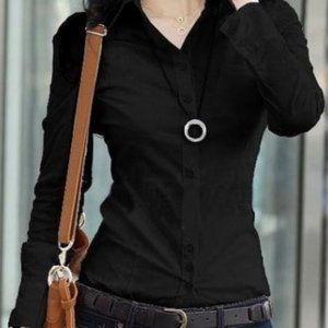 Black Buttom-Up Long Sleeve Polo Blouse